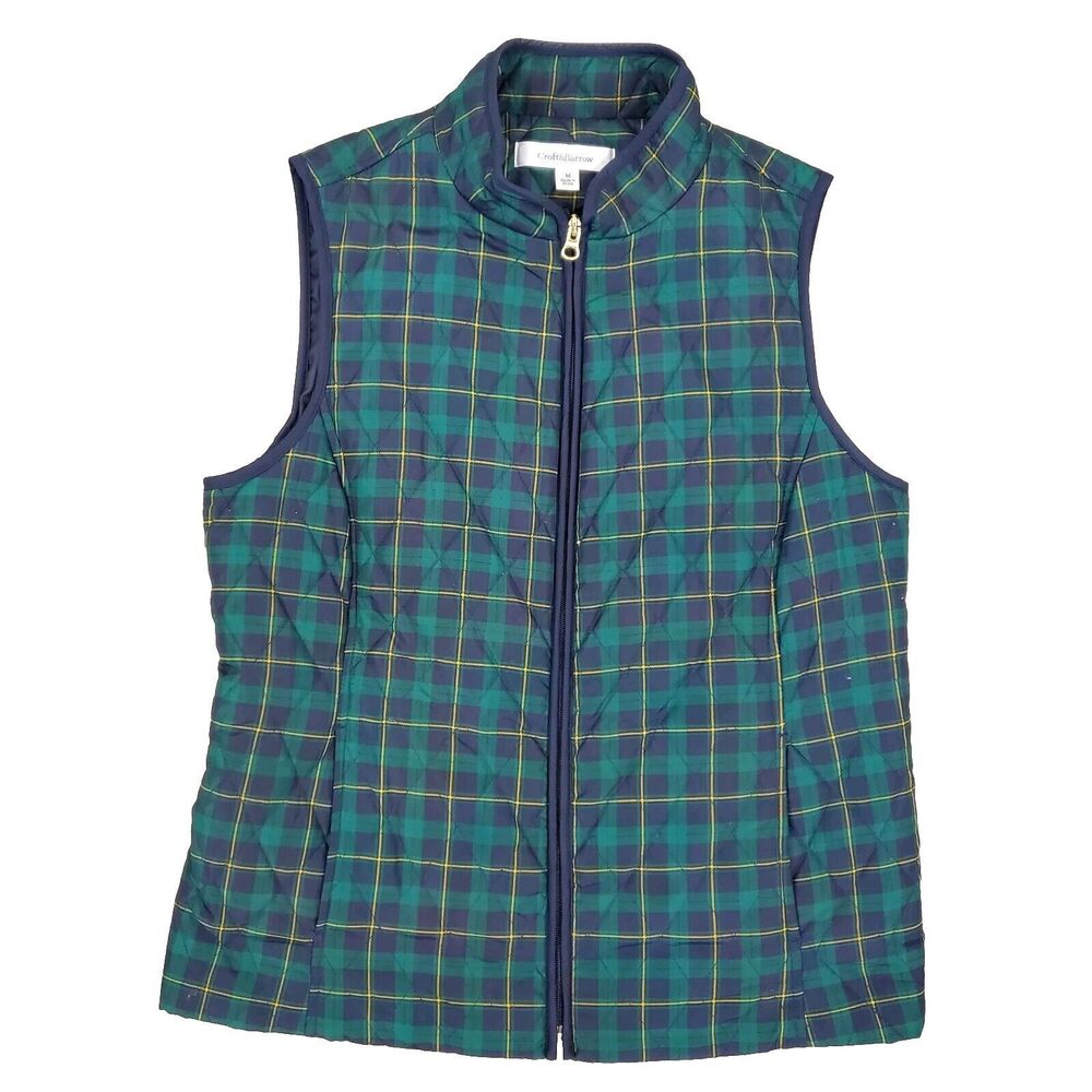 Croft & Barrow Plaid Quilted Puffer Vest M Cinch Back Green Full Zip academia